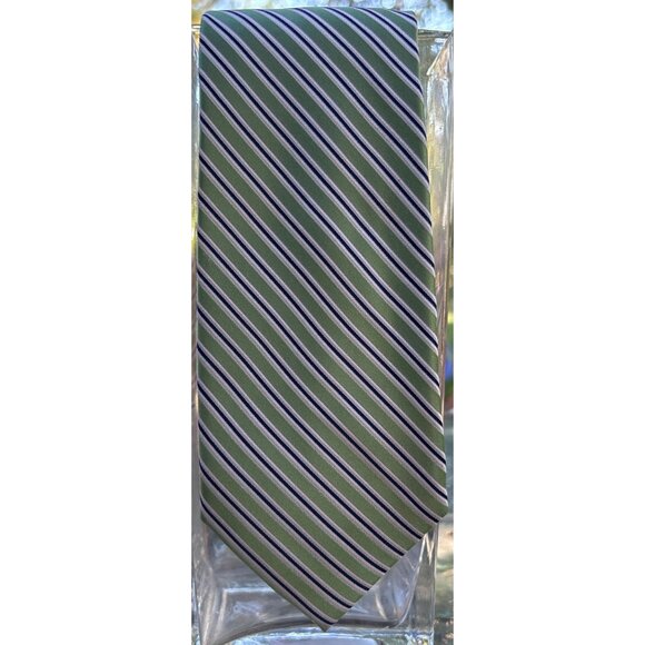 Vintage Chaps Green White Blue Striped Handmade Silk Neck Tie - Picture 1 of 6